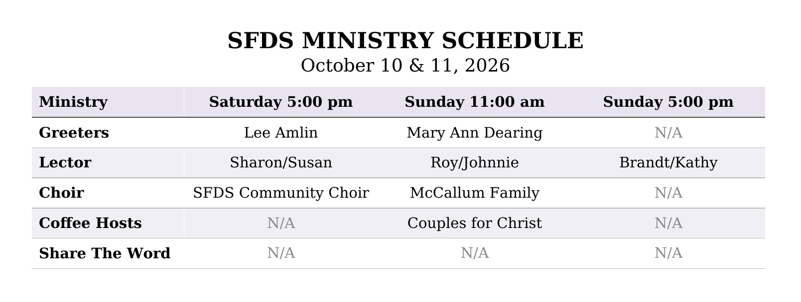 Ministry Schedule Oct10 11